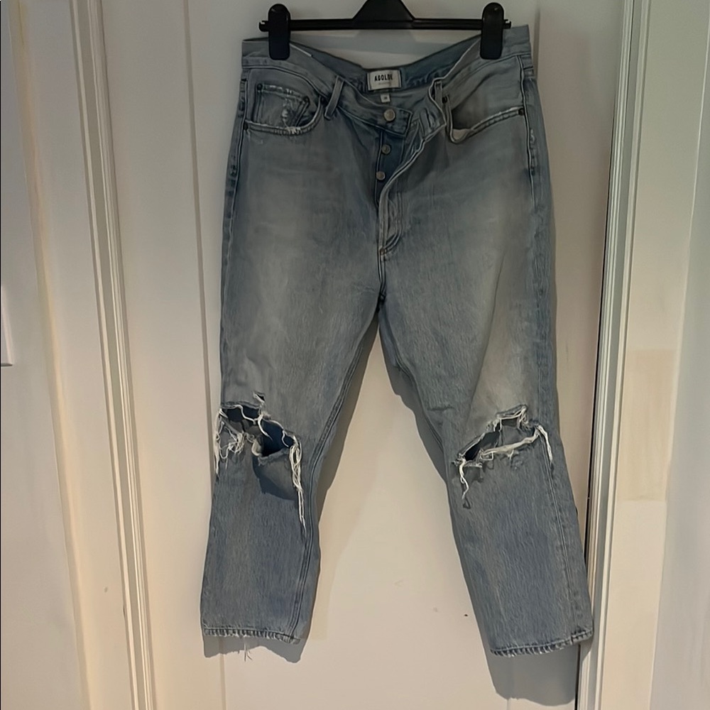 Agolde Light Blue Distressed Straight-Leg Jeans